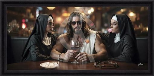Tableau représentant Jésus et des soeurs par alexandre granger, cadre noir