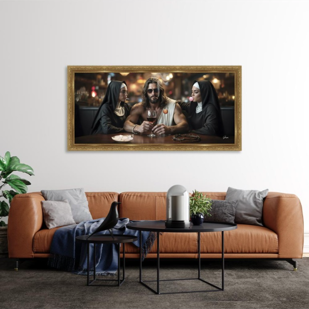 Tableau représentant Jésus et des soeurs par alexandre granger, cadre doré style baroque